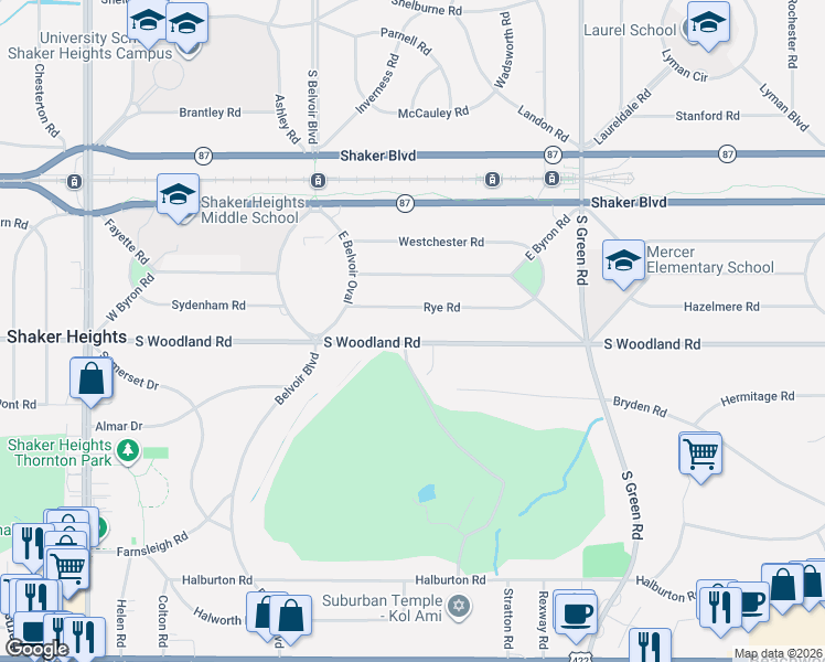 map of restaurants, bars, coffee shops, grocery stores, and more near 22100 South Woodland Road in Shaker Heights