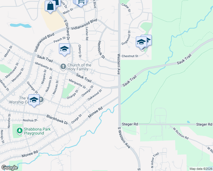 map of restaurants, bars, coffee shops, grocery stores, and more near 17 Sauk Trail in Park Forest