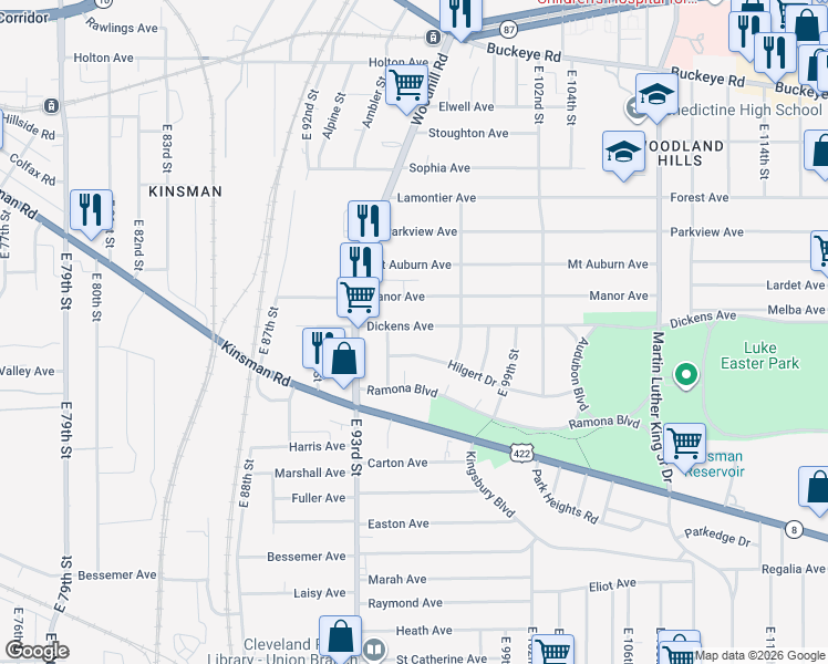 map of restaurants, bars, coffee shops, grocery stores, and more near 9417 Hilgert Drive in Cleveland
