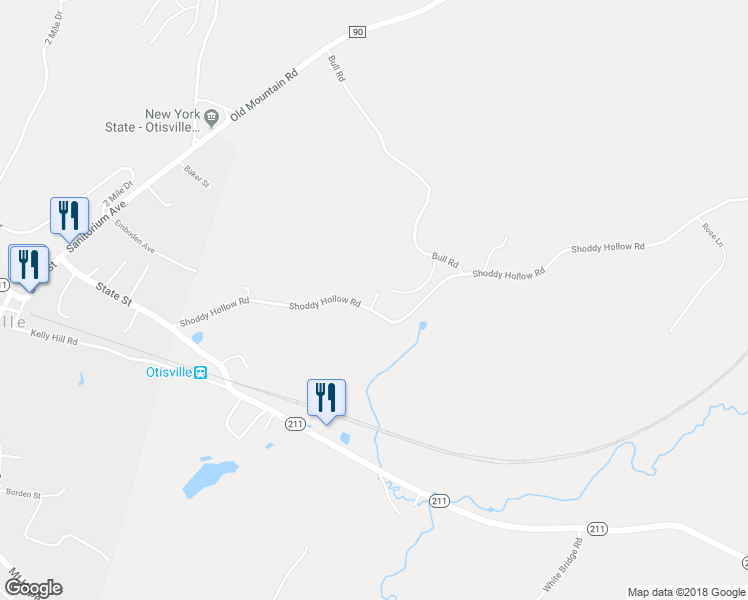 map of restaurants, bars, coffee shops, grocery stores, and more near Evergreen Lane in Otisville