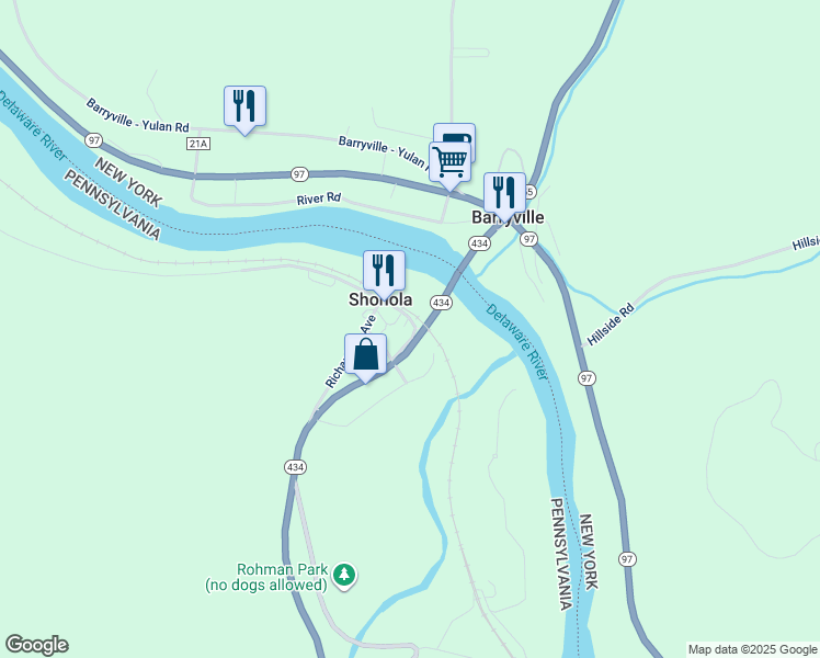 map of restaurants, bars, coffee shops, grocery stores, and more near 109 Rohman Road in Shohola