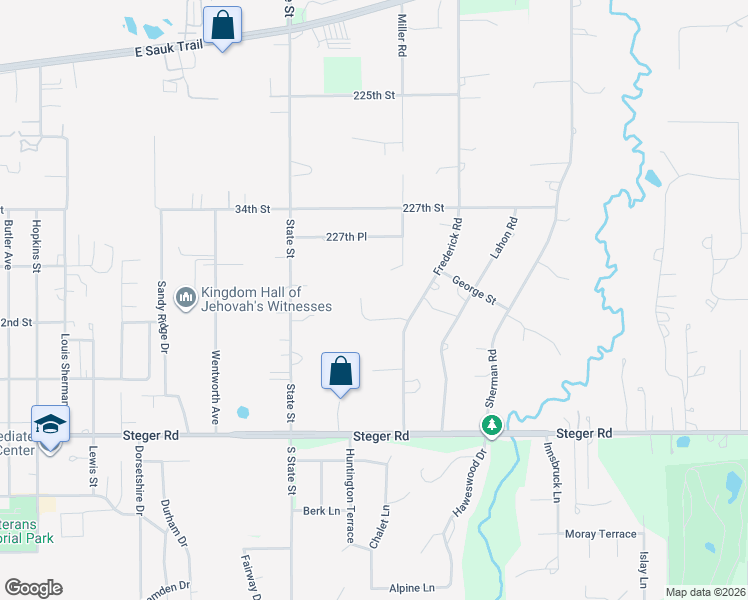 map of restaurants, bars, coffee shops, grocery stores, and more near 22844 Miller Road in Steger