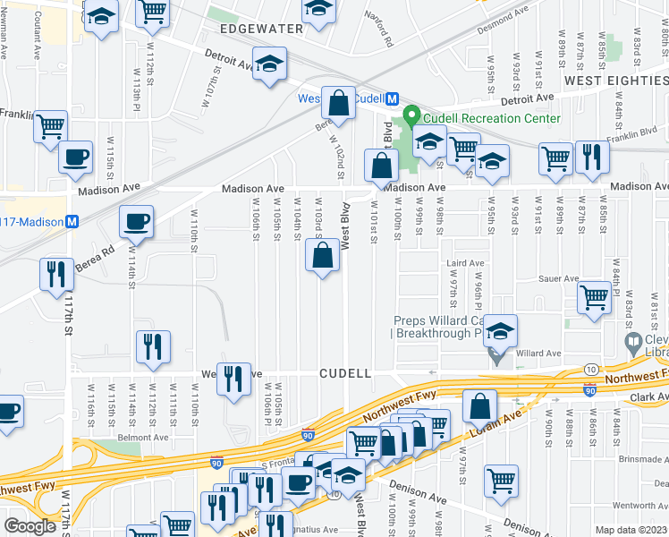 map of restaurants, bars, coffee shops, grocery stores, and more near 2106 West Boulevard in Cleveland