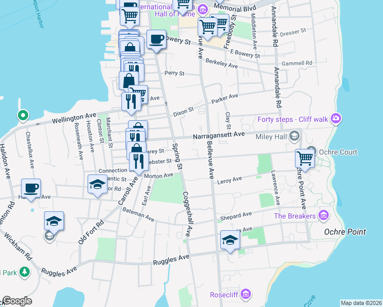 map of restaurants, bars, coffee shops, grocery stores, and more near 63 Webster Street in Newport