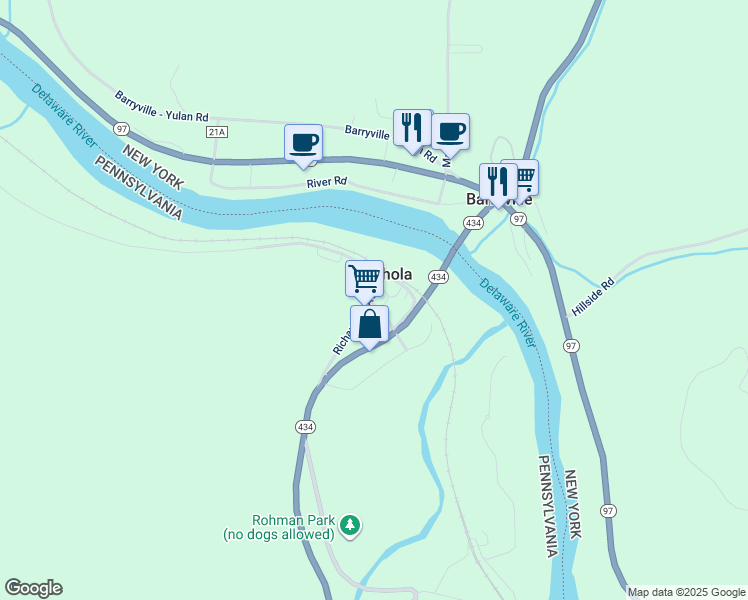 map of restaurants, bars, coffee shops, grocery stores, and more near 109 Richardson Avenue in Shohola