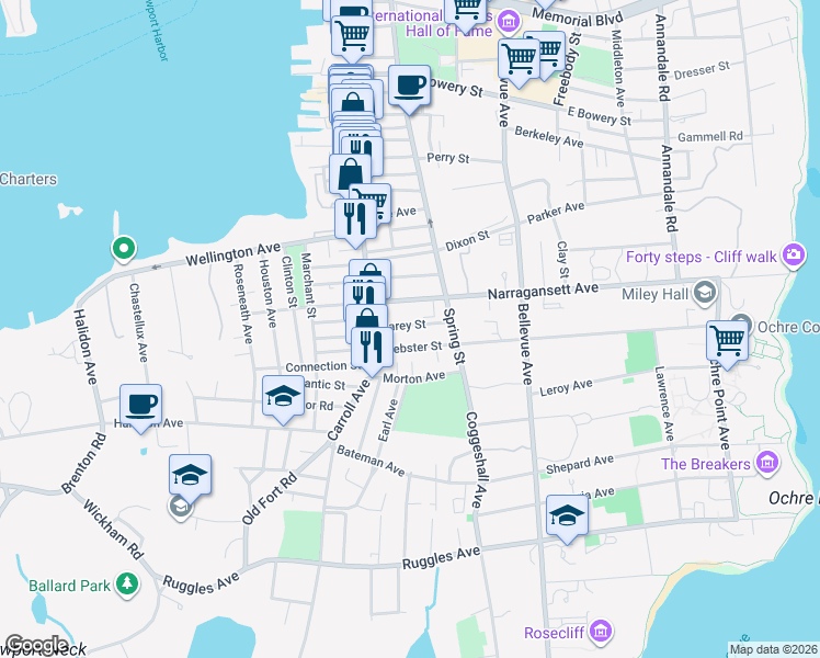 map of restaurants, bars, coffee shops, grocery stores, and more near 43 Webster Street in Newport