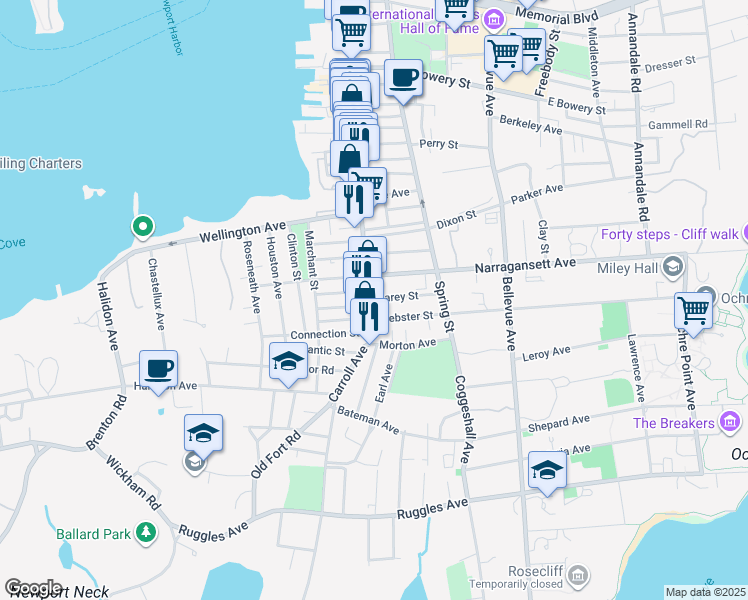 map of restaurants, bars, coffee shops, grocery stores, and more near 9 Webster Street in Newport
