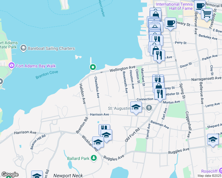 map of restaurants, bars, coffee shops, grocery stores, and more near 27 Harbor View Drive in Newport