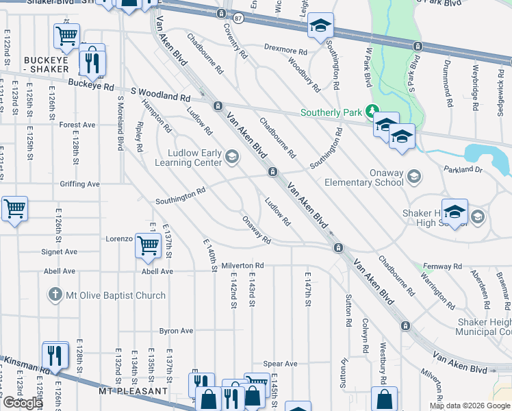 map of restaurants, bars, coffee shops, grocery stores, and more near 3160 Sebor Road in Shaker Heights