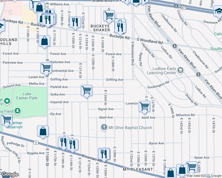map of restaurants, bars, coffee shops, grocery stores, and more near 12610 Soika Avenue in Cleveland