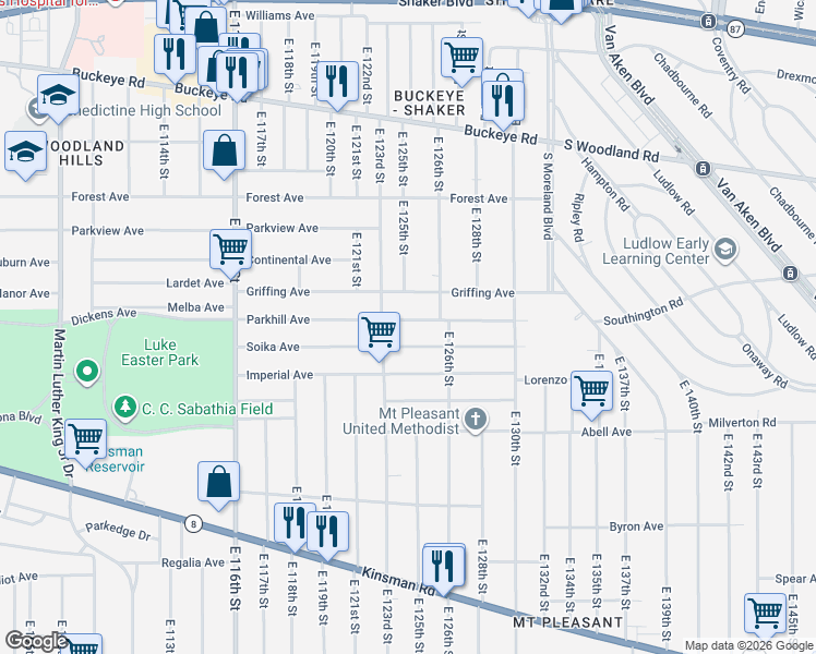 map of restaurants, bars, coffee shops, grocery stores, and more near 12420 Soika Avenue in Cleveland