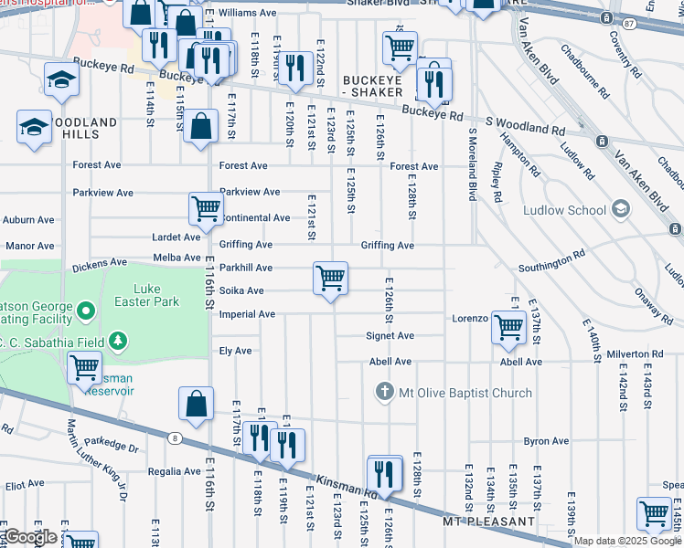 map of restaurants, bars, coffee shops, grocery stores, and more near 12302 Soika Avenue in Cleveland