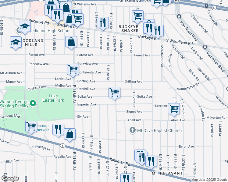map of restaurants, bars, coffee shops, grocery stores, and more near 12302 Soika Avenue in Cleveland