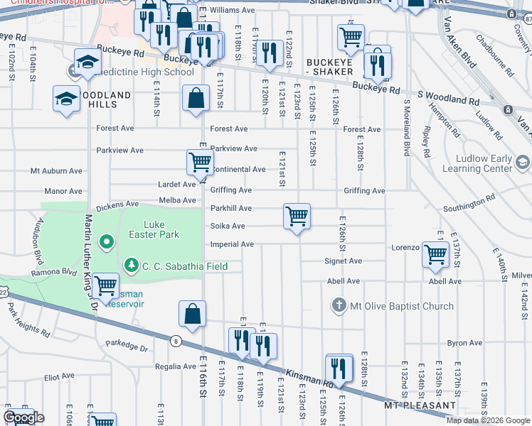map of restaurants, bars, coffee shops, grocery stores, and more near 12106 Soika Avenue in Cleveland