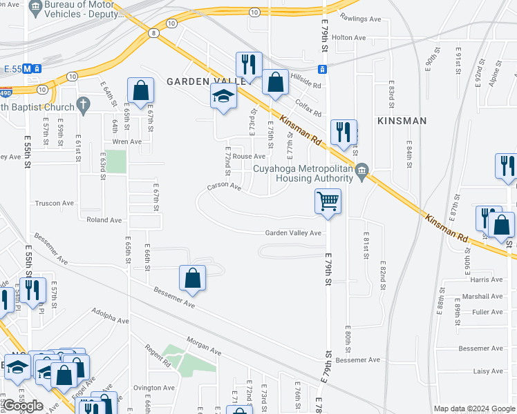 map of restaurants, bars, coffee shops, grocery stores, and more near 7217 Garden Valley Avenue in Cleveland