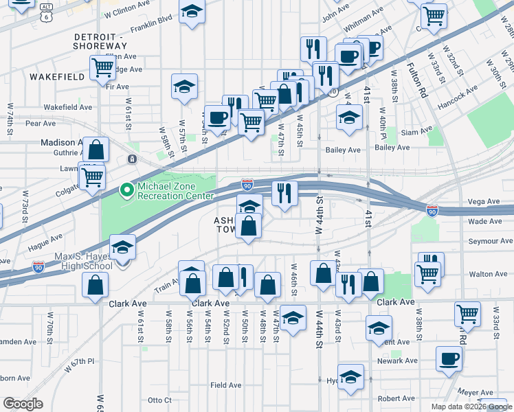 map of restaurants, bars, coffee shops, grocery stores, and more near 2194 Junction Road in Cleveland