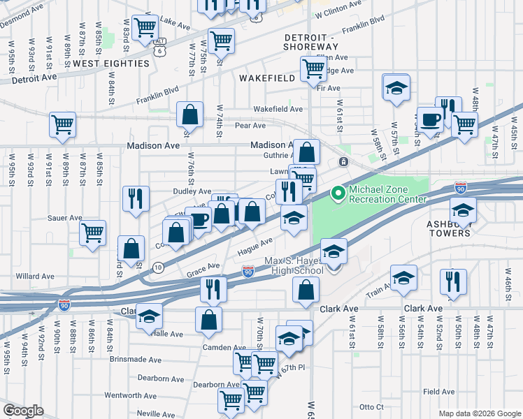 map of restaurants, bars, coffee shops, grocery stores, and more near 7008 Lorain Avenue in Cleveland