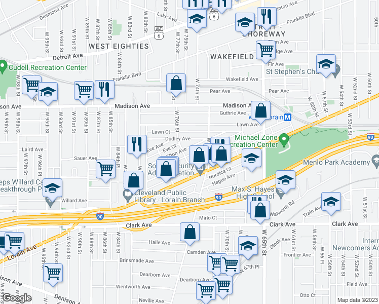 map of restaurants, bars, coffee shops, grocery stores, and more near 7511 Colgate Avenue in Cleveland