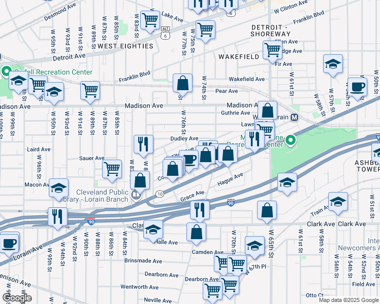 map of restaurants, bars, coffee shops, grocery stores, and more near 7511 Colgate Avenue in Cleveland
