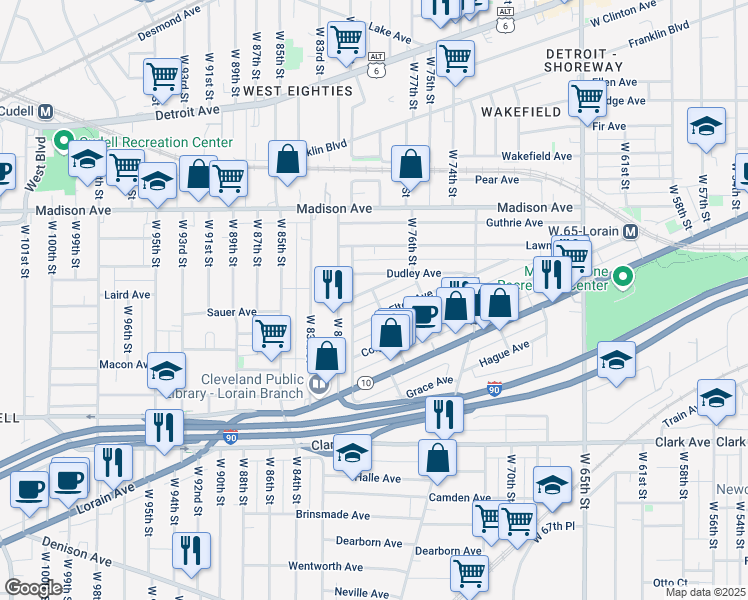map of restaurants, bars, coffee shops, grocery stores, and more near 7903 Elton Avenue in Cleveland