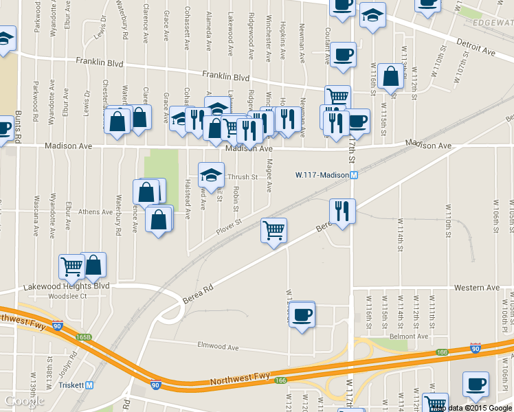 map of restaurants, bars, coffee shops, grocery stores, and more near 12217 Plover Street in Lakewood