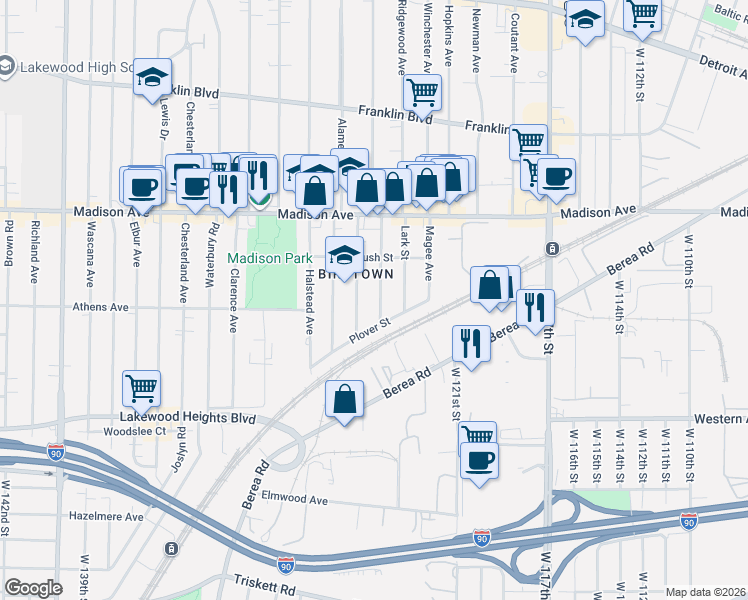 map of restaurants, bars, coffee shops, grocery stores, and more near 2127 Quail Street in Lakewood