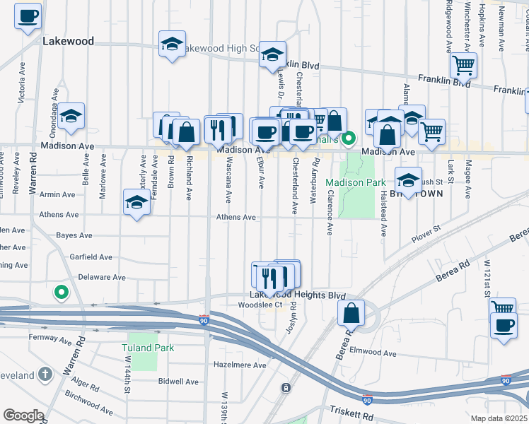 map of restaurants, bars, coffee shops, grocery stores, and more near 2124 Lewis Drive in Lakewood