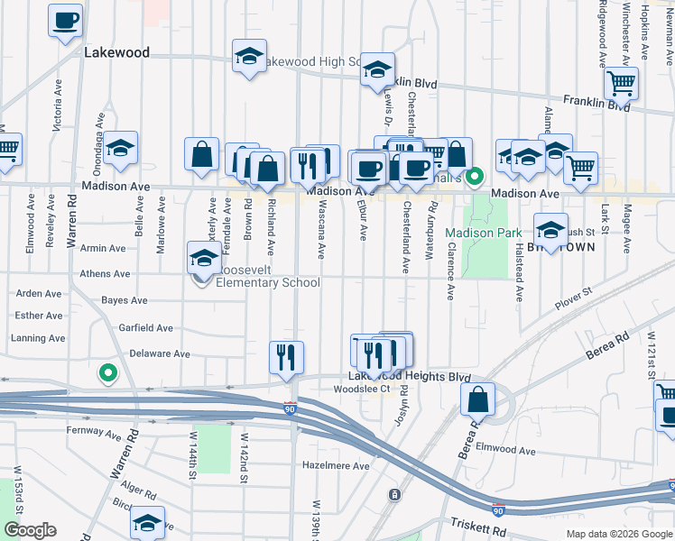 map of restaurants, bars, coffee shops, grocery stores, and more near 2124 Wyandotte Avenue in Lakewood