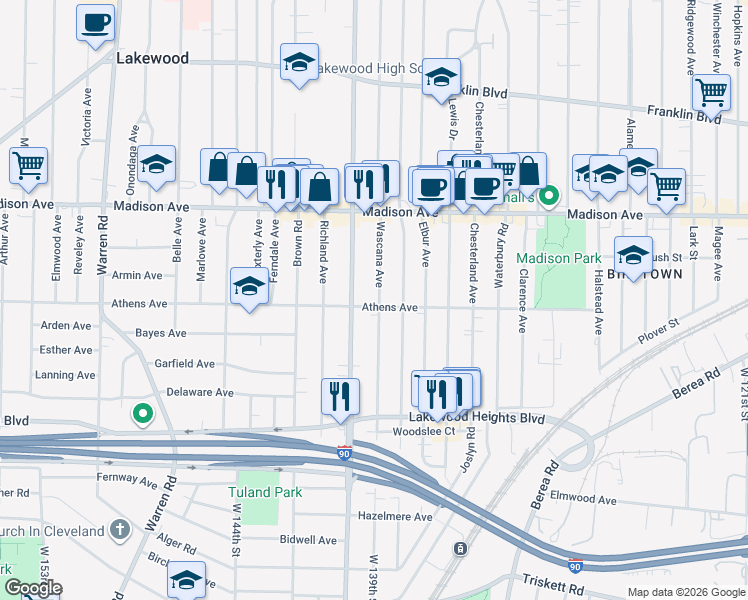 map of restaurants, bars, coffee shops, grocery stores, and more near 2124 Wascana Avenue in Lakewood