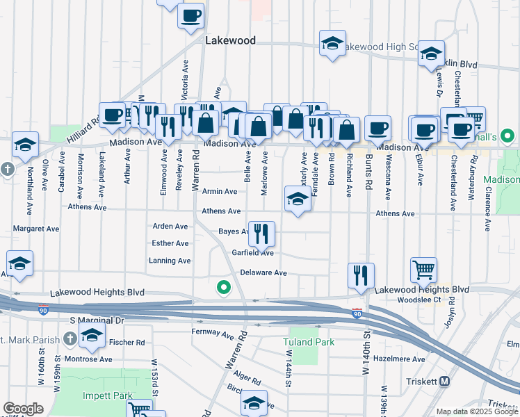 map of restaurants, bars, coffee shops, grocery stores, and more near 14520 Bayes Avenue in Lakewood