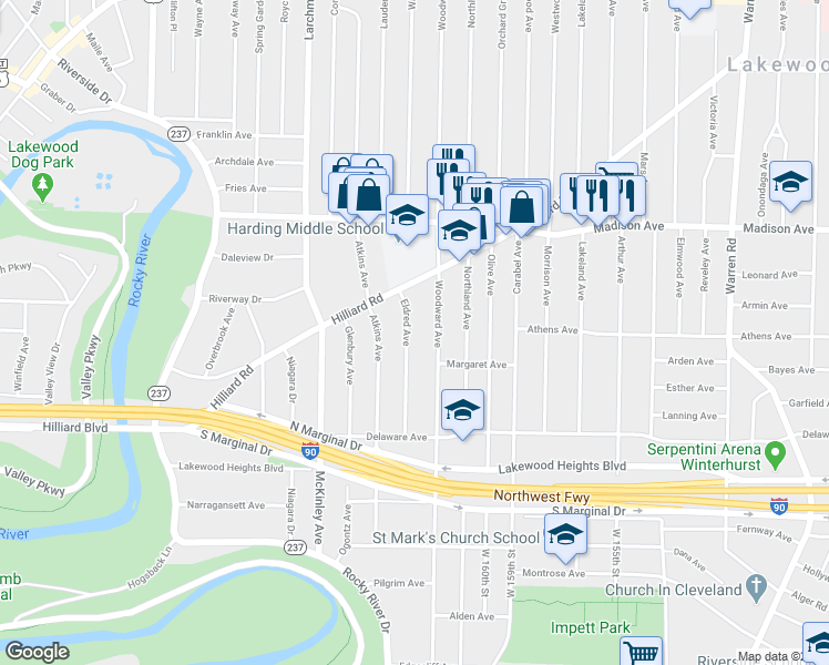 map of restaurants, bars, coffee shops, grocery stores, and more near 2166 Eldred Avenue in Lakewood