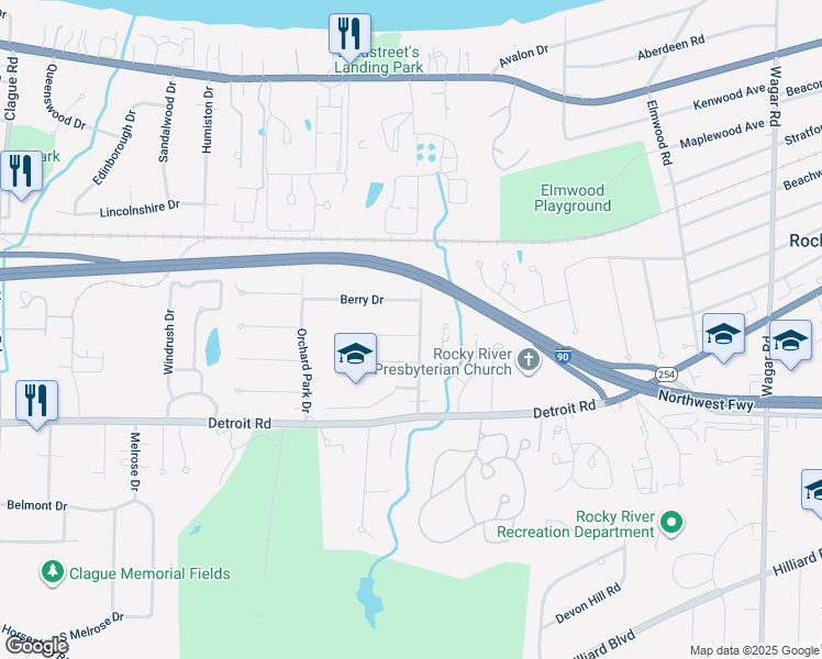 map of restaurants, bars, coffee shops, grocery stores, and more near 22270 Bartlett Drive in Rocky River