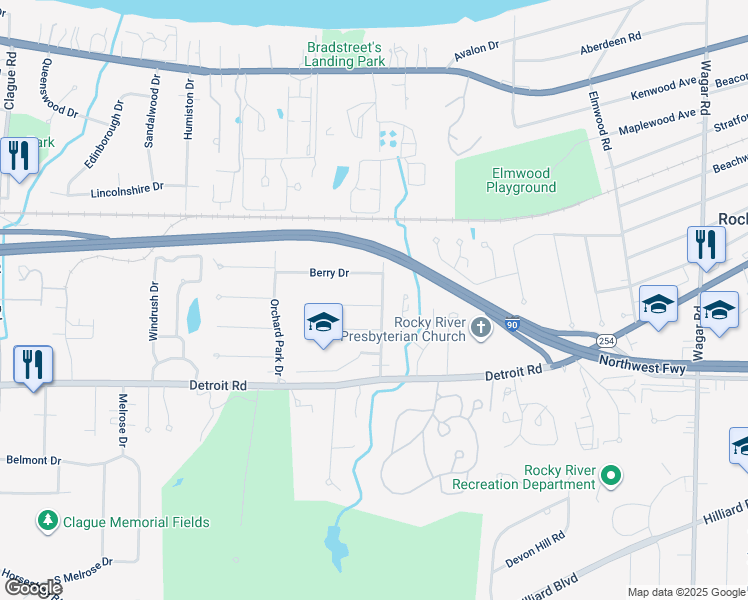 map of restaurants, bars, coffee shops, grocery stores, and more near 22270 Bartlett Drive in Rocky River