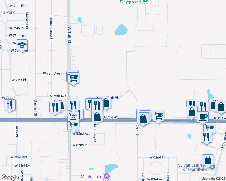 map of restaurants, bars, coffee shops, grocery stores, and more near 1852 West 79th Place in Merrillville