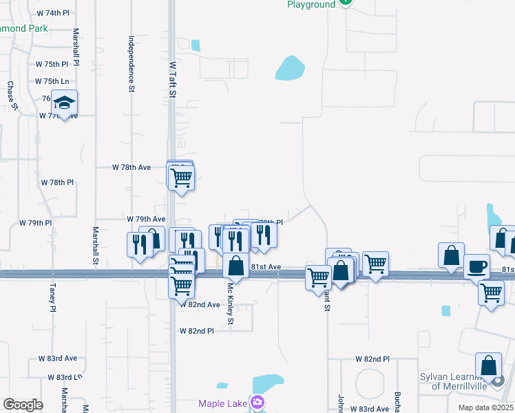 map of restaurants, bars, coffee shops, grocery stores, and more near 2000 West 79th Place in Merrillville