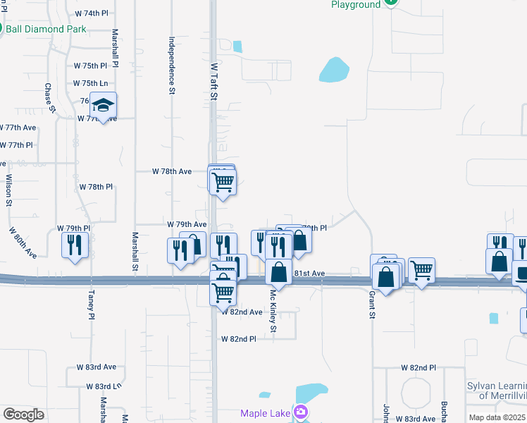 map of restaurants, bars, coffee shops, grocery stores, and more near 8015 Cleveland Place in Merrillville