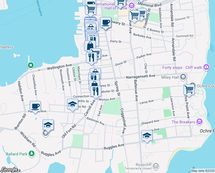 map of restaurants, bars, coffee shops, grocery stores, and more near 43 Webster Street in Newport