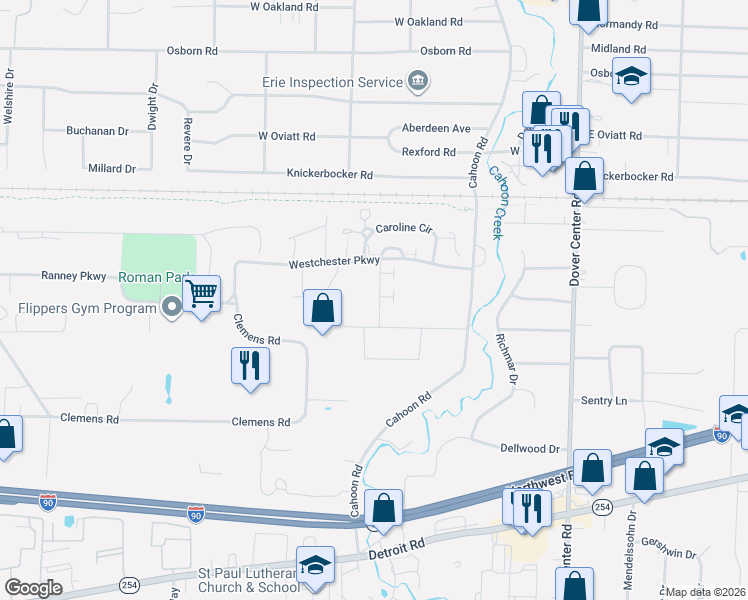 map of restaurants, bars, coffee shops, grocery stores, and more near 27672 Bryandale Drive in Westlake