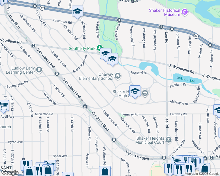 map of restaurants, bars, coffee shops, grocery stores, and more near 3166 Huntington Road in Shaker Heights