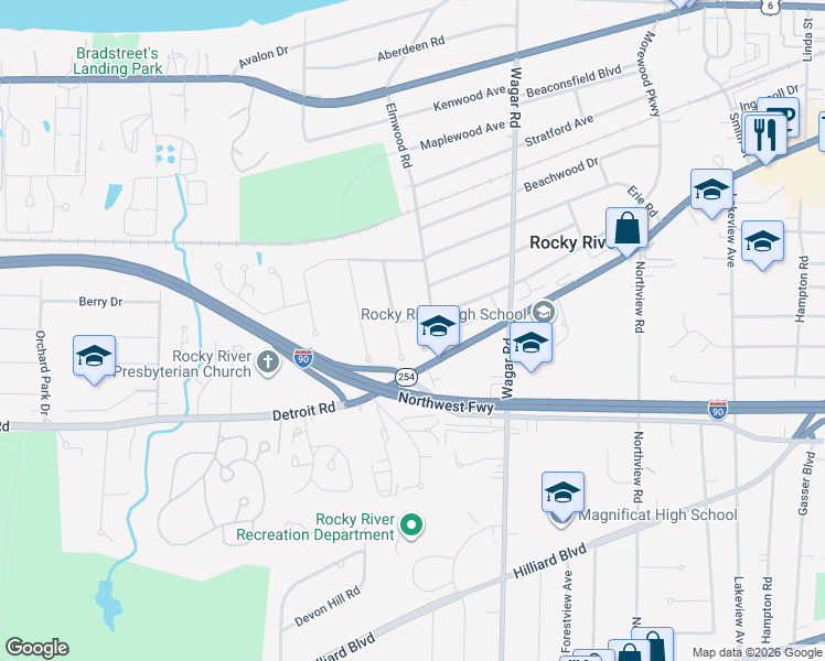 map of restaurants, bars, coffee shops, grocery stores, and more near 1381 Eriewood Drive in Rocky River