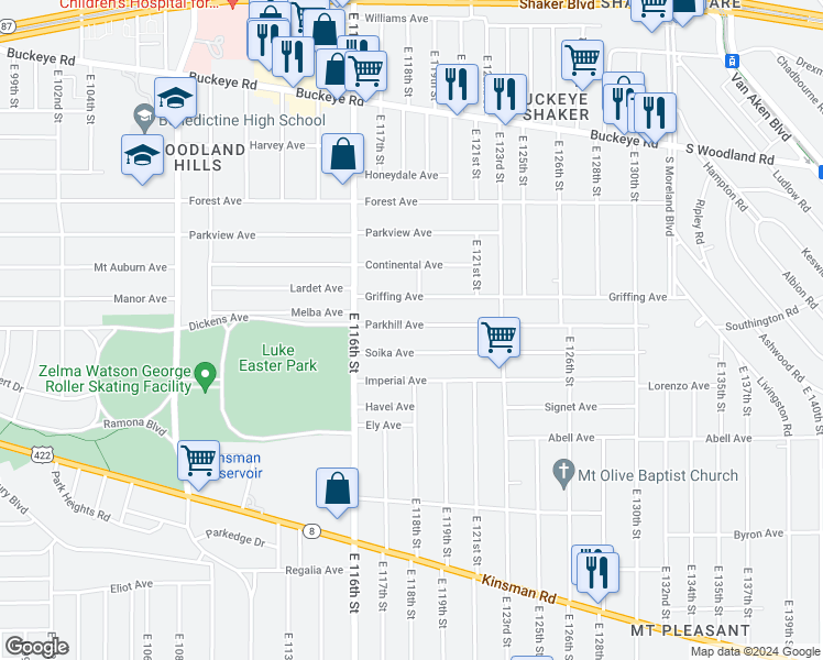 map of restaurants, bars, coffee shops, grocery stores, and more near 11812 Parkhill Avenue in Cleveland