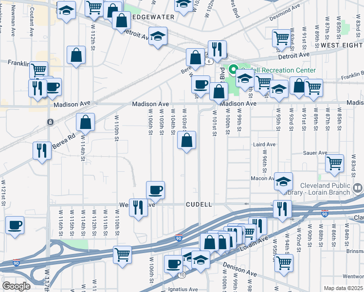 map of restaurants, bars, coffee shops, grocery stores, and more near 2096 West 103rd Street in Cleveland