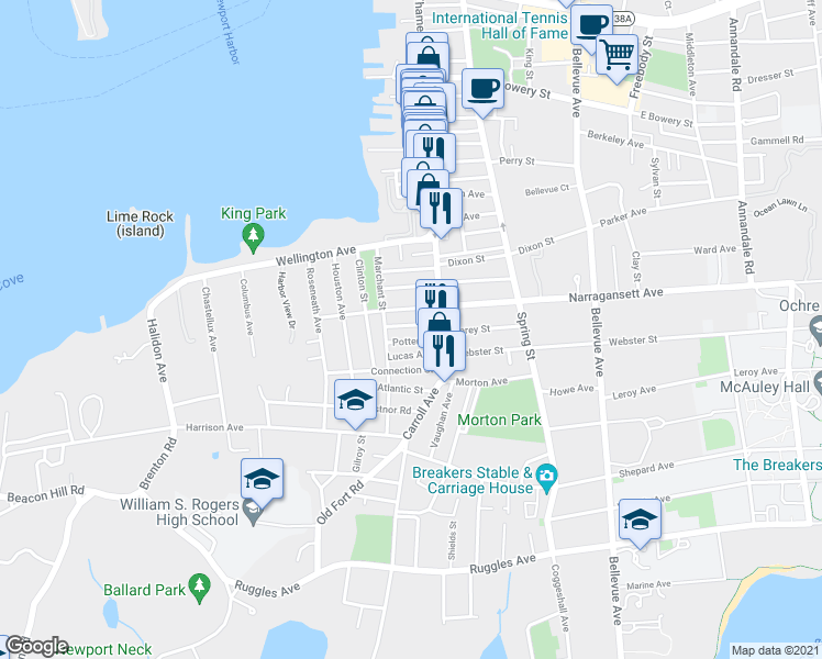 map of restaurants, bars, coffee shops, grocery stores, and more near 14 West Narragansett Avenue in Newport