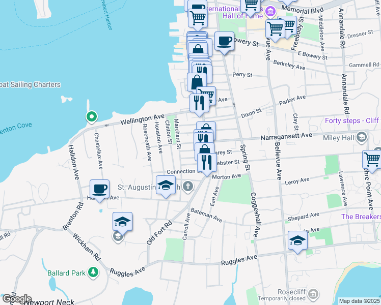 map of restaurants, bars, coffee shops, grocery stores, and more near 14 West Narragansett Avenue in Newport