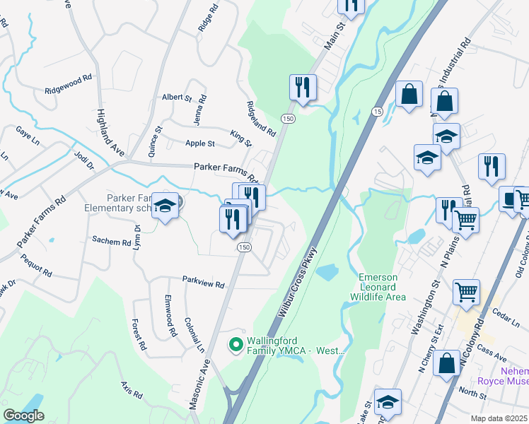 map of restaurants, bars, coffee shops, grocery stores, and more near 9 Parker Farms Road in Wallingford