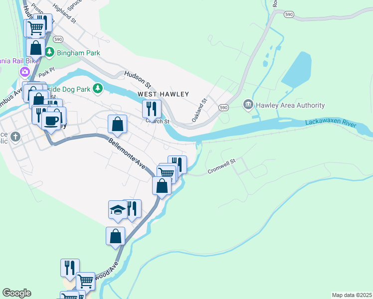 map of restaurants, bars, coffee shops, grocery stores, and more near 824 Hudson St in Hawley