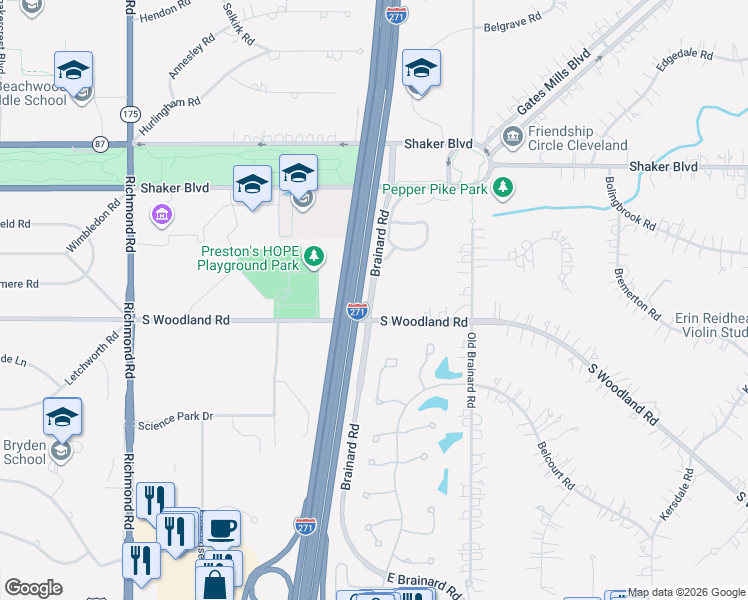 map of restaurants, bars, coffee shops, grocery stores, and more near Brainard Road in Pepper Pike