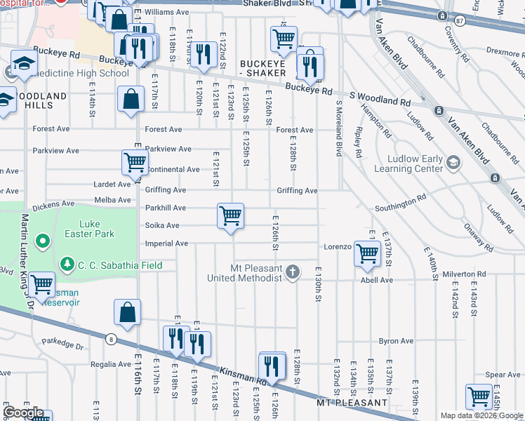 map of restaurants, bars, coffee shops, grocery stores, and more near 12520 Griffing Avenue in Cleveland