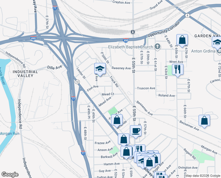 map of restaurants, bars, coffee shops, grocery stores, and more near 5030 House Avenue in Cleveland
