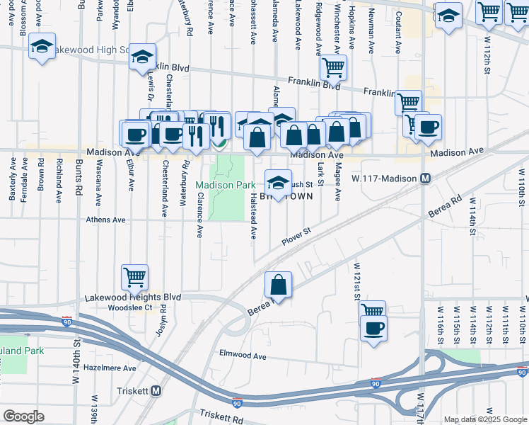 map of restaurants, bars, coffee shops, grocery stores, and more near 2069 Halstead Avenue in Lakewood